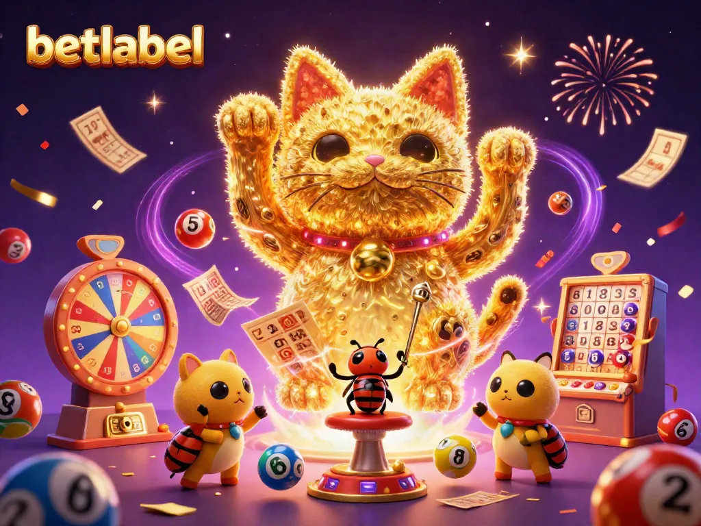 Betlabel brings excitement with colorful lottery balls and a lucky cat, celebrating casino wins.