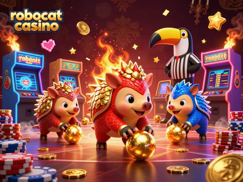 Embrace the excitement at robocat casino with pangolins rolling through poker chips and colorful gaming elements.