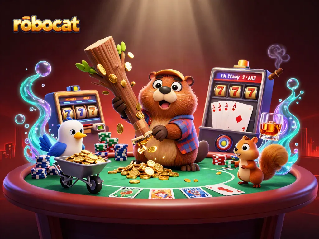 Experience the excitement of gambling with robocat characters in a vibrant casino scene filled with fortune.