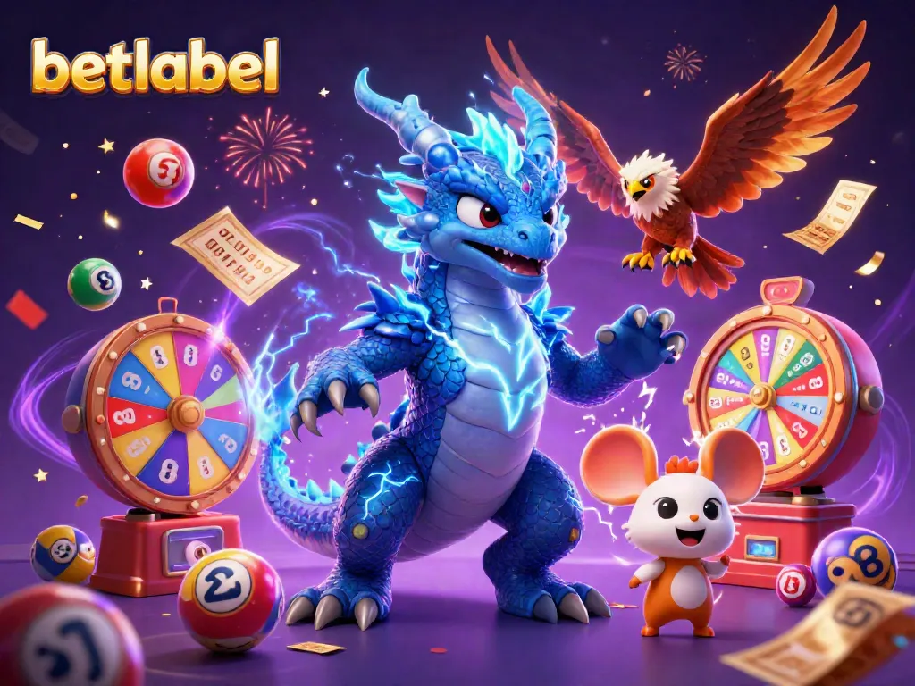 Win big with exciting games at betlabel casino, featuring a thunder dragon, hawk, and lottery balls.