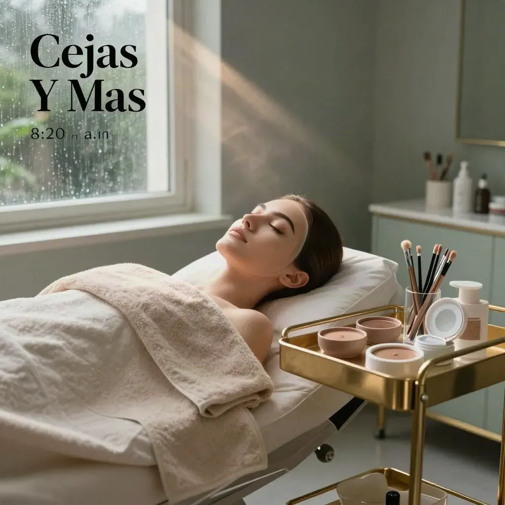 Cabina de cejas con cama crema, carro dorado y herramientas de microblading en luz matinal