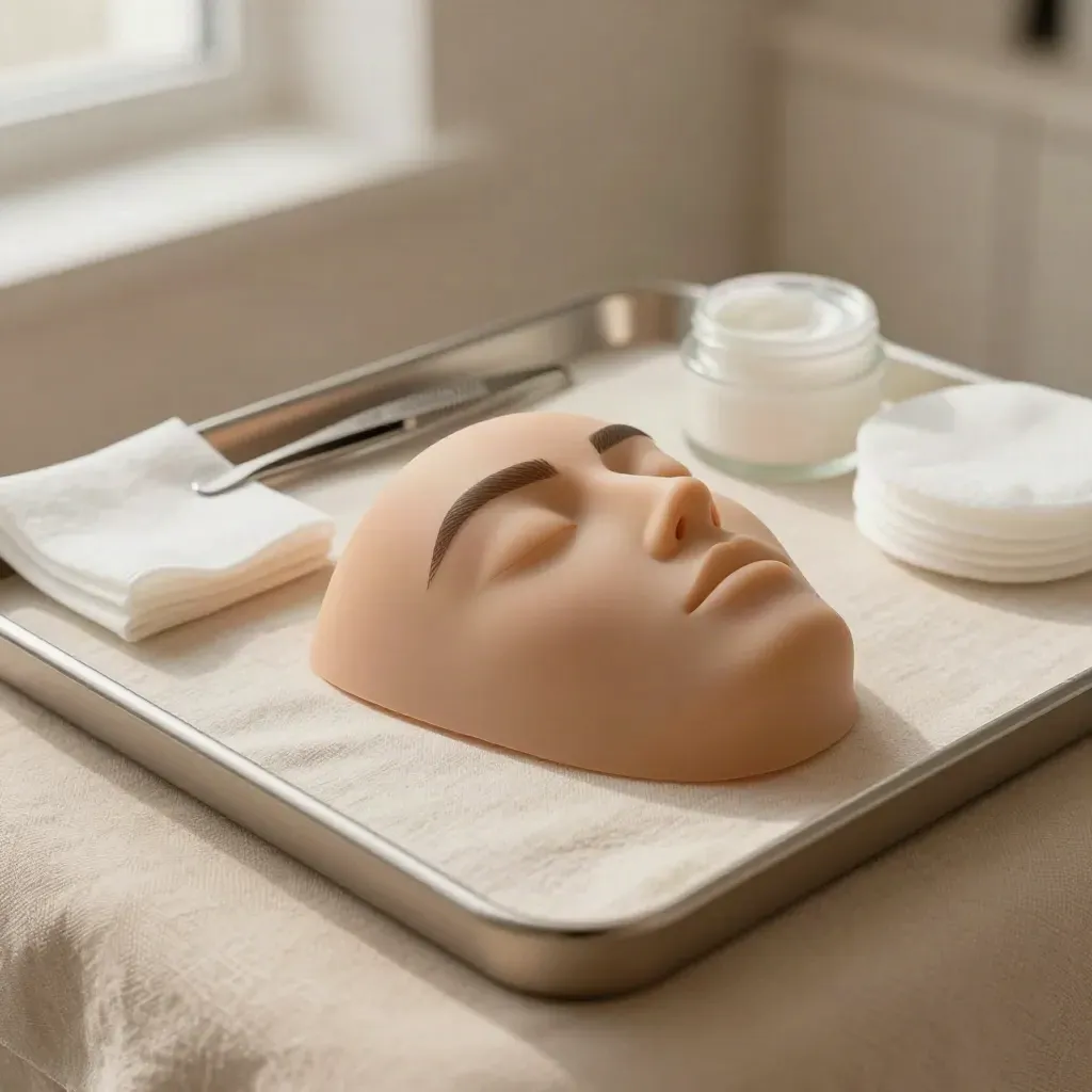 Maniquí de cejas perfiladas sobre camilla, con pinzas, gel calmante y algodones