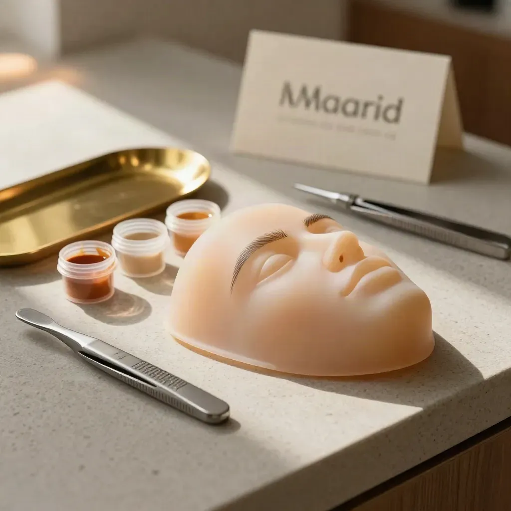 Práctica de microblading sobre cara de silicona con pigmentos y herramientas en una mesa de piedra.