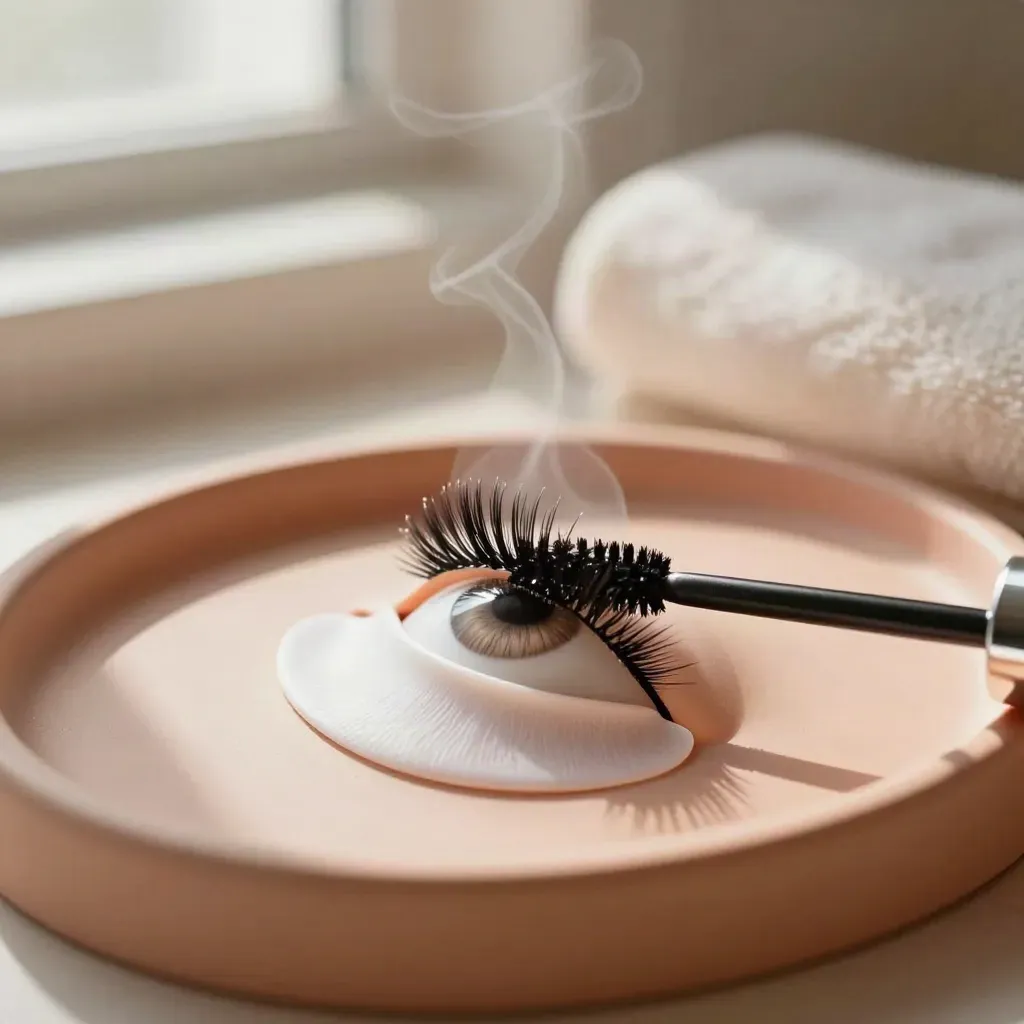 Modelo ocular de silicona con pestañas levantadas, escudos y almohadillas sobre bandeja crema.