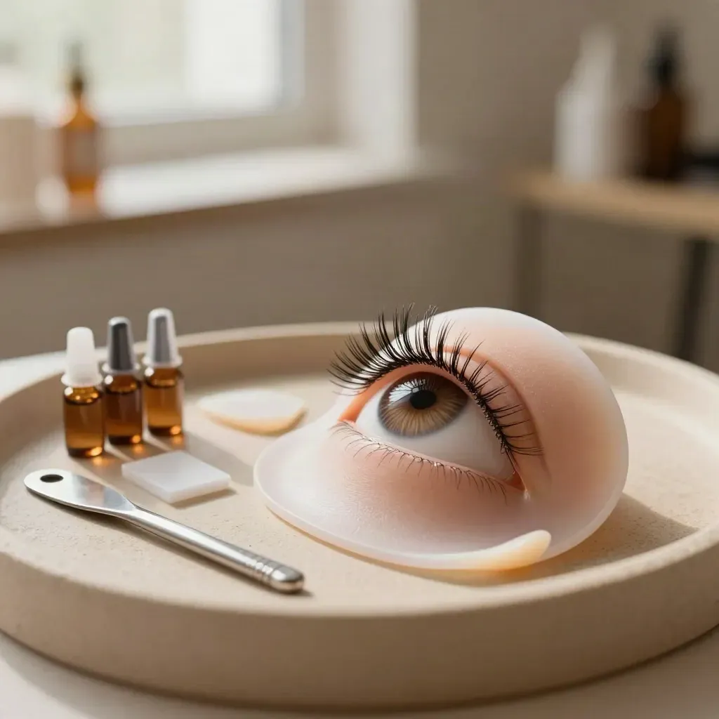 Ojo de silicona con pestañas levantadas, pads y kit de lifting en una mesa beige.