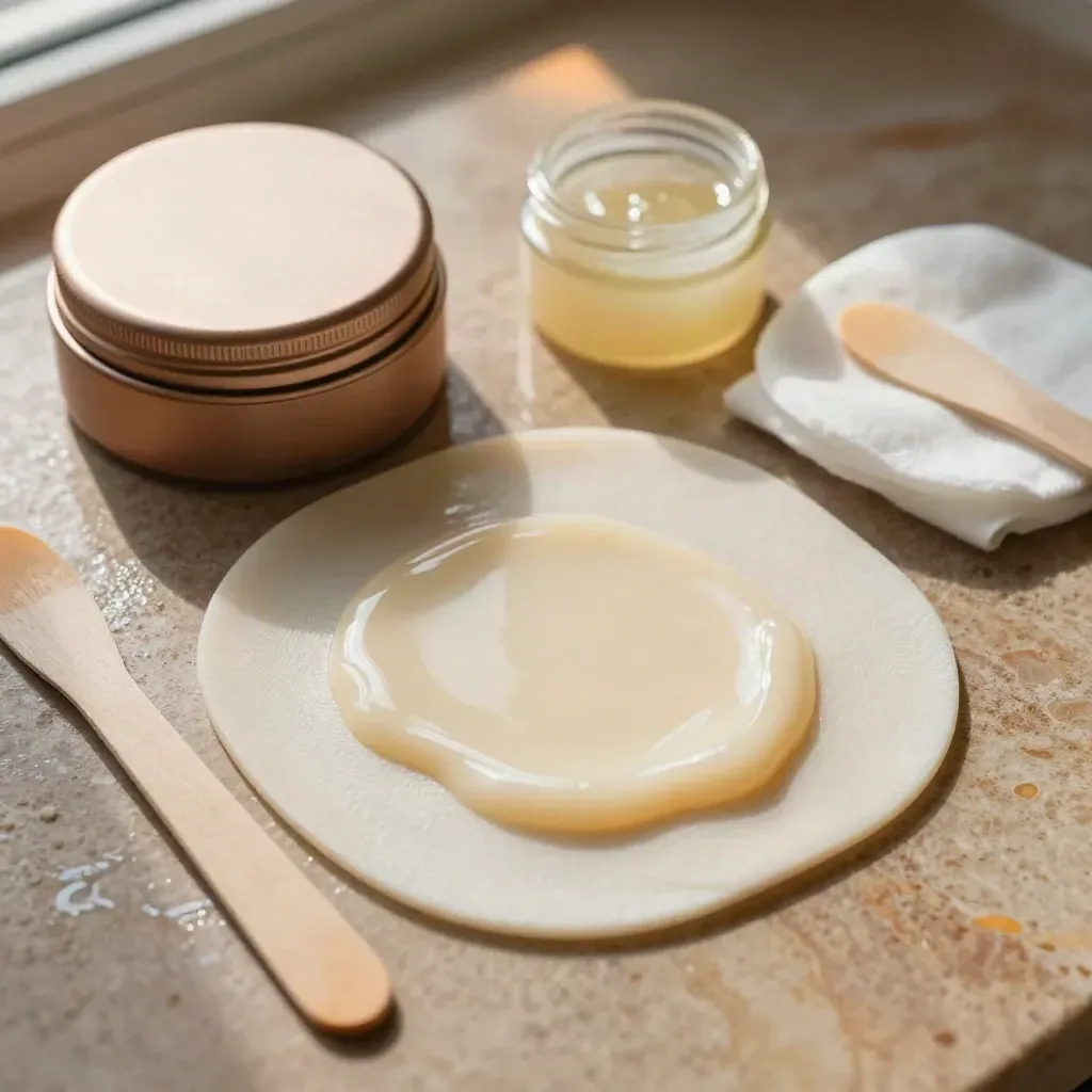 Panel de depilación facial con cera, espátulas, gel y discos de algodón en tonos crema y bronce.