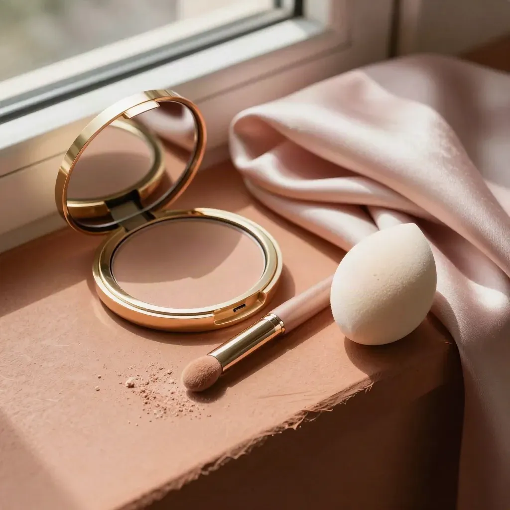 Compacto, brocha de labios, esponja y tela satinada sobre terracota con luz suave.