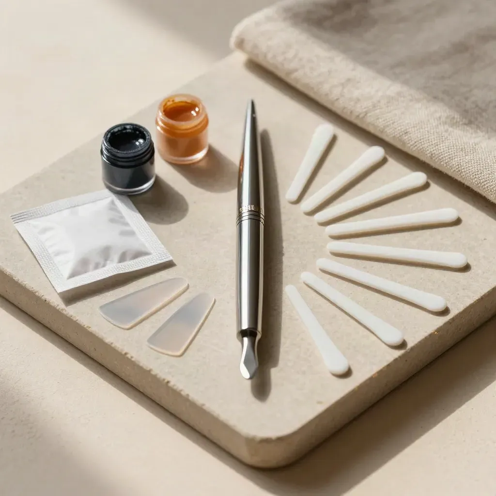 Kit de microblading y lifting sobre bandeja de piedra con luz suave