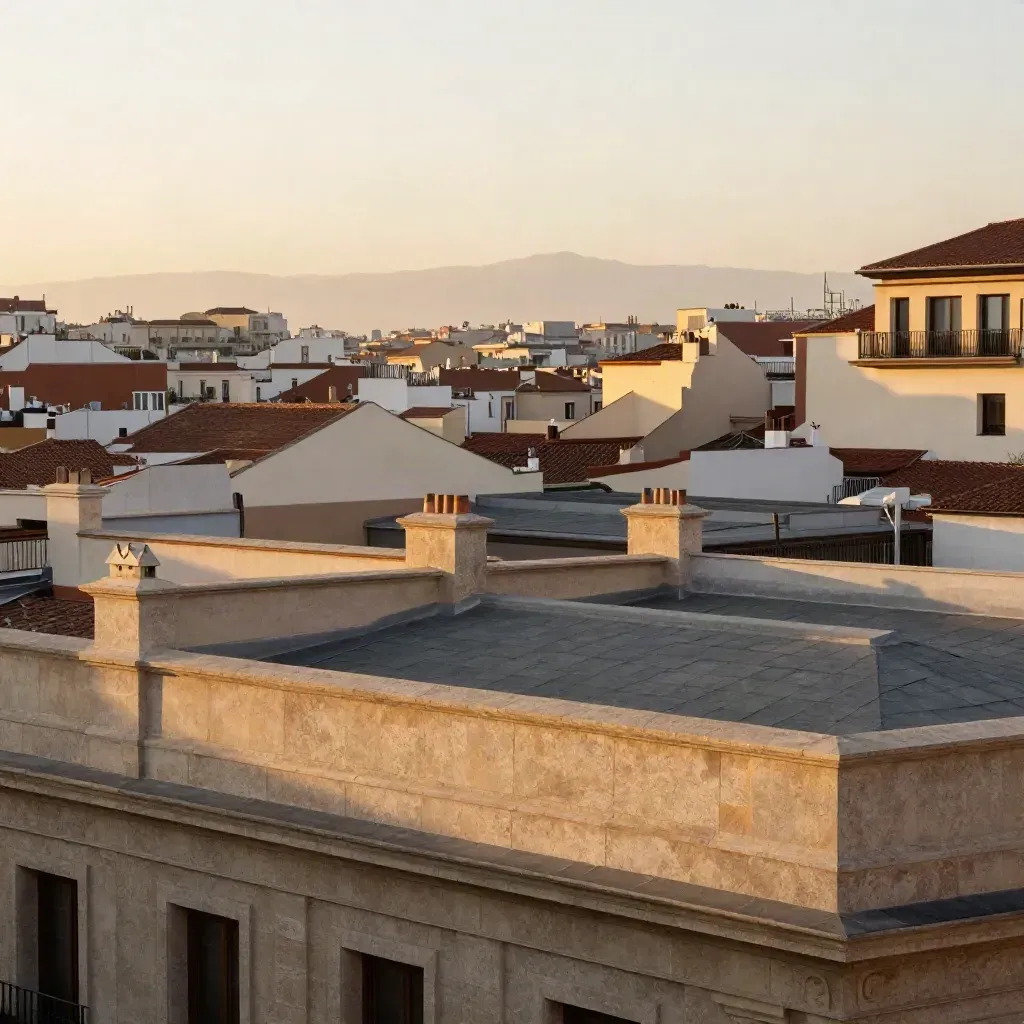 Azoteas de Madrid Centro con fachadas de piedra y cielo suave al atardecer.