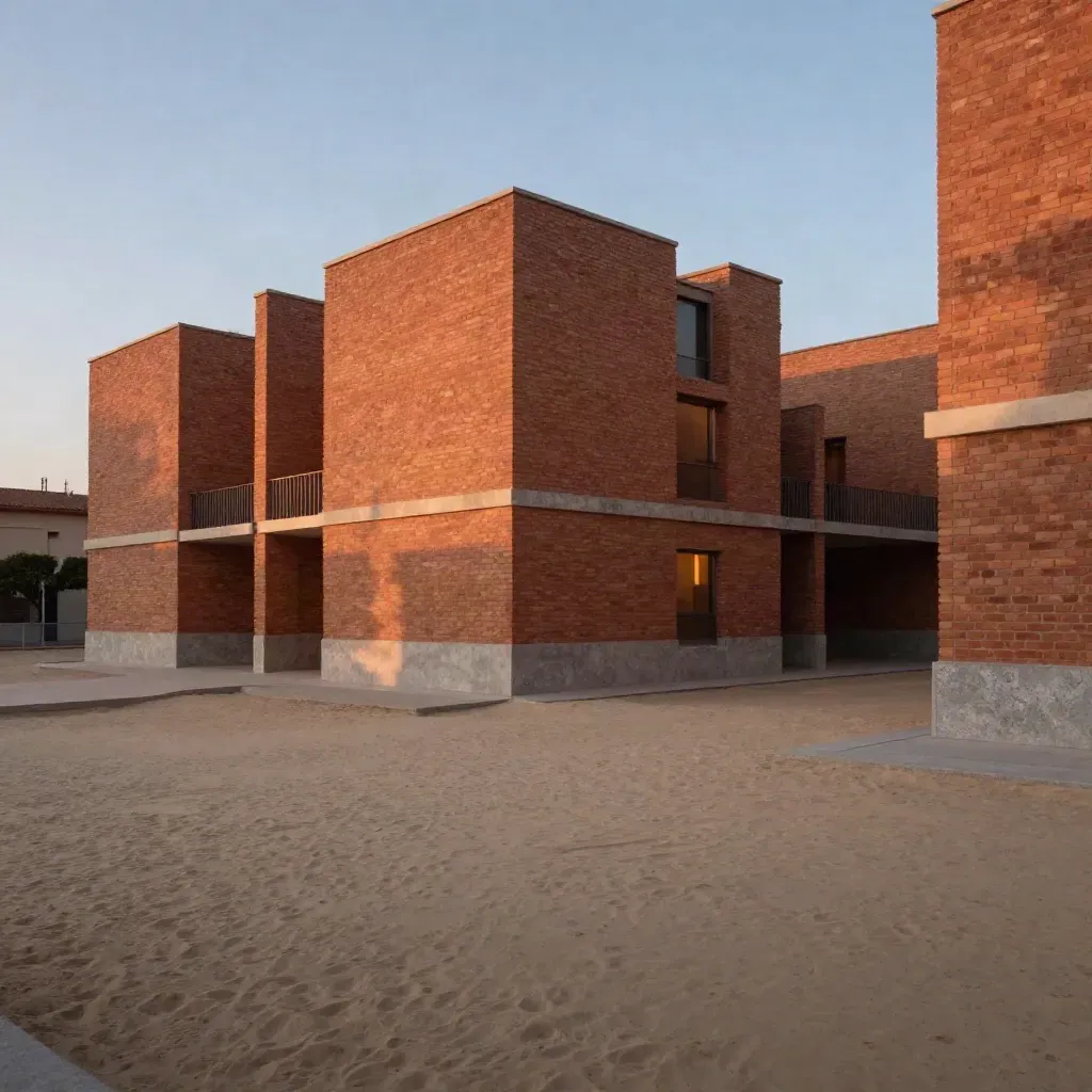 Ladrillo urbano y pavimento al atardecer, con niebla cálida y espacio vacío para texto